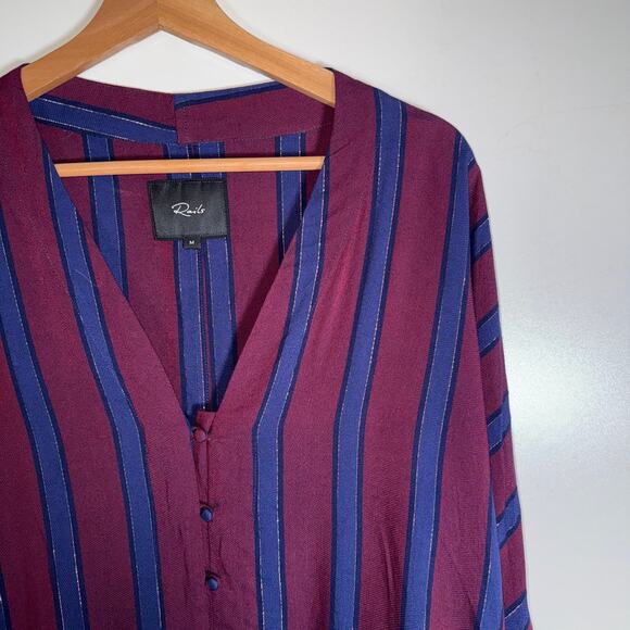 Rails Sloane Janeiro Stripe Button Down Tie Top Women’s Medium Burgundy Navy - Picture 7 of 14